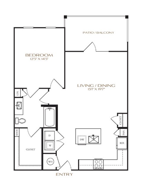 Floor plan for 1 bed, 1 bath, 859 sqft